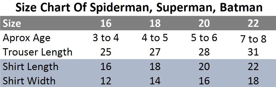 Superman Kids Costume Size Chart